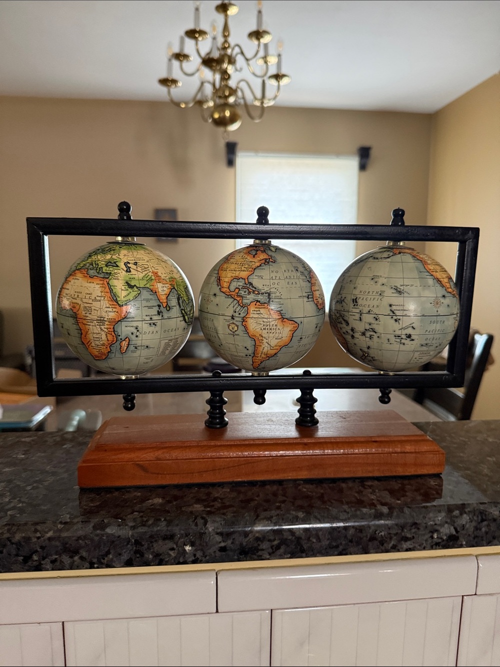 Vintage-Style Triple Globe Table Accent in Black Frame and Wood Base